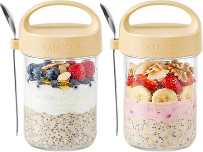 2Pack Overnight Oats Containers with Lids and Handle,14 oz Airtight Oatmeal Container,Mason Jars with Lid for Cereal,Milk,Fruit,Yogurt,On The Go Container,Salad Jars,Glass Jars (Yellow)