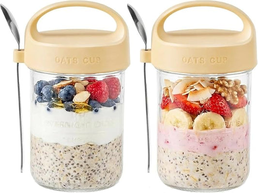 2Pack Overnight Oats Containers with Lids and Handle,14 oz Airtight Oatmeal Container,Mason Jars with Lid for Cereal,Milk,Fruit,Yogurt,On The Go Container,Salad Jars,Glass Jars (Yellow)