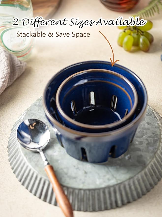 Gomakren Ceramic Fruit Basket Set of 2, Round Fruit Bowl with Holes, Fruit Storage Containers for Fridge, Small Berry Basket for Kitchen, Berries, Strawberry, Grape, Cherry - Cobalt Blue