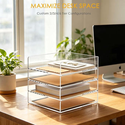 SANRUI 4 Tier Stackable Acrylic Letter Tray, 5mm Thick Clear Desk File Organizer, Document Paper Tray with Stable Bottom Bar for Letter A4 Office Supplies