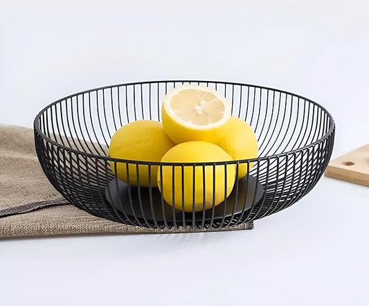 7UYUU Fruit Bowl for Kitchen Counter, Black Wire Fruit Bowl, Metal Countertop Fruit Basket, 11 Inches Round Holder for Lemon, Banana, Candy, Snack in Office (Round C)