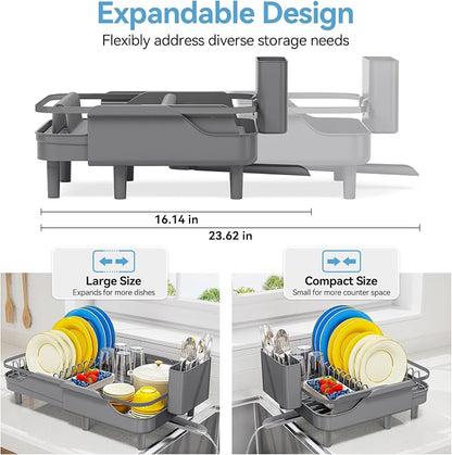 Urackify Expandable Dish Rack for Kitchen Counter,16.14"-23.62" Large Dish Drying Rack with Adjustable Water Spout, Space Saving Dish Drainer with Auto Draining Cutlery Holder, Matte Grey