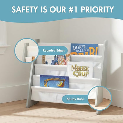 Humble Crew 4-Tier Kids Bookshelf, Grey Wood/White - Premium Book Shelf for Kids Rooms with Four Deep Pockets - Toddler Sling Book Rack with Deep Sleeves, Nursery Bookcase Organizer