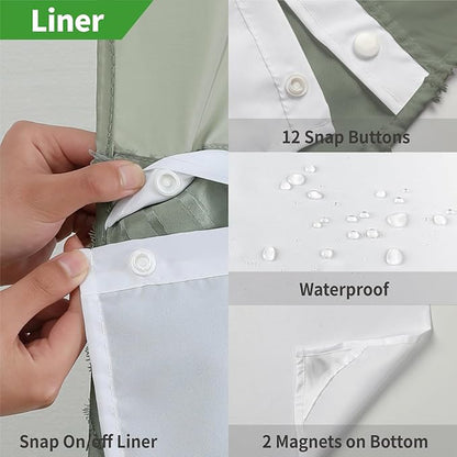 no Hook Shower Curtain and Liner Set，Boho Style with See Through Top Window, SageGreen Fabric Tufted Striped Textured Outer Curtain & Waterproof Inner Liner, SageGreen, 71Wx86H