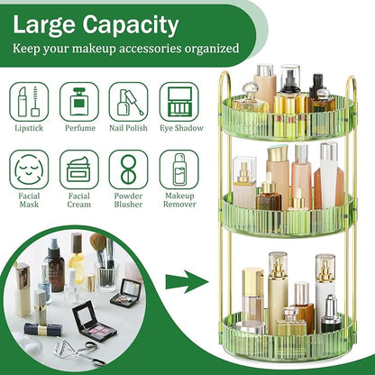 MOKANI 360 Rotating Makeup Organizer for Vanity, 3 Tier Adjustable Perfume Organizer for Dresser, Multi-Function Spinning Cosmetics Skincare Storage for Bedroom, Dresser, Countertop, Green