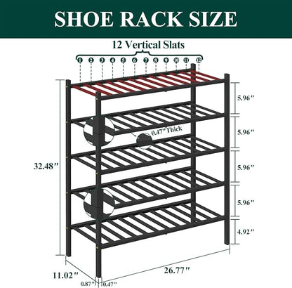 Smiry Bamboo Shoe Rack, 5 Tier Free Standing Wooden Shoe Organizer, Stackable Wood Shoe Storage Shelf for Closet, Entryway, 12 Vertical Slats, 2+2+1 Stack Standard Legs, 26.8"x11"x32.5", Black