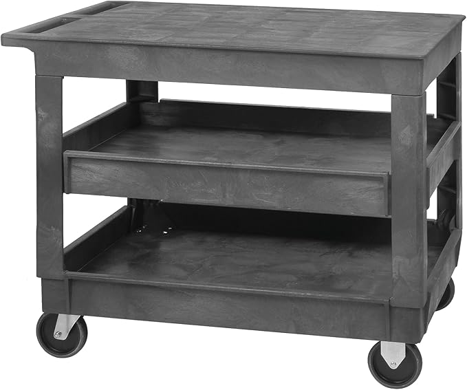 Quantum PFTC4026-33-3 3-Shelf Flat Top Utility Cart Unit | Heavy-Duty Mobile Storage Rack with (4) 5" Casters for Industrial Distribution | 550 lbs Capacity | 40"W x 26"D x 32.5"H, Gray, Polymer
