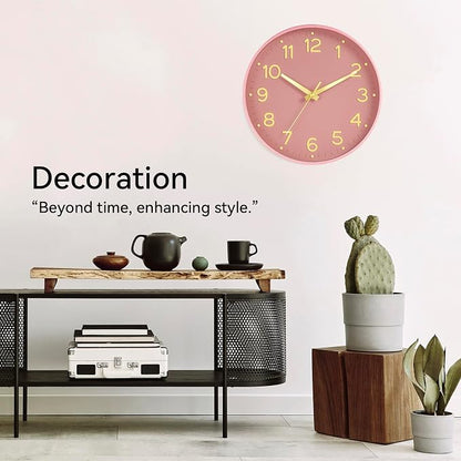 Roymnie Silent Wall Clocks Battery Operated 10 Inch-Modern Non Ticking Analog Clock Decorative for Kitchen Office Bathroom Bedroom(Pink Gold)