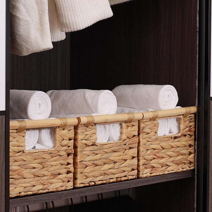 BSTNASI Large Rectangular Wicker Basket With Built-in Wooden Handles, Water Hyacinth Woven Basket for Organizing, Utility Shelves, Towel Storage Basket