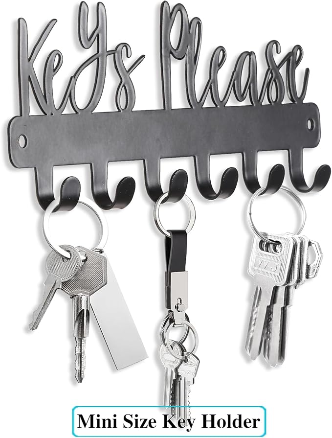Mini Keys Please Holder on Wall,Small Key Holder Wall Mounted,Black Metal Decorative Key Rack Hooks for Garage,Mudroom,Hallway,Entryway,Front Door,Office(Mini Size:7.28 x 2.95 inch)