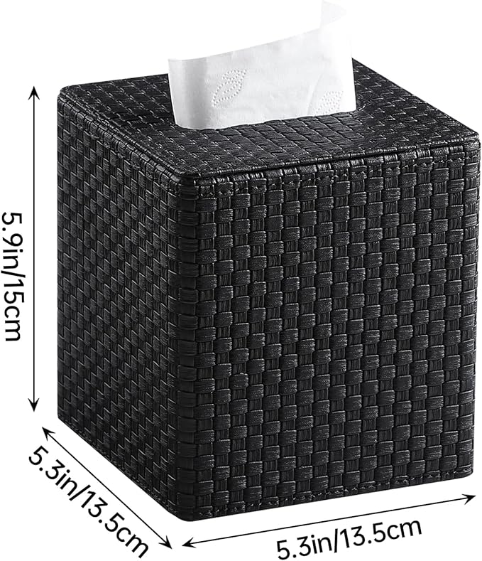 Square Tissue Box Cover, Stylish Leather Tissue Box Holder with Magnetic Bottom, Used As A Decorative Tissue Holder for Living Rooms, Bedrooms, and Desks(Black Woven Pattern)