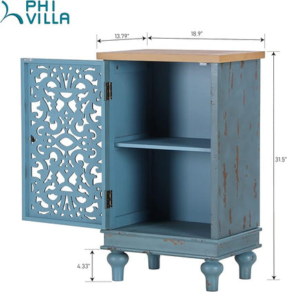PHI VILLA Small Accent Storage Cabinet with Single Door - Decorative Nightstand for Living Room Bedroom, End Side Table Cabinet Blue