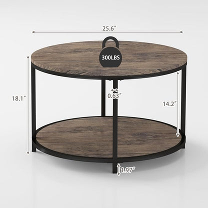 NSdirect Round Coffee Table, 25.6" Small Coffee Table for Living Room,2-Tier Rustic Wood Desktop with Storage Shelf Modern Design Home Furniture(Light Walnut)