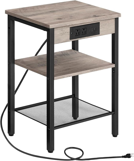 HOOBRO Side Table with Charging Station and USB Port, Small End Table for Small Space, 3-Tier Nightstand with Adjustable Shelf, for Living Room, Bedroom and Balcony, Greige BG112BZ01