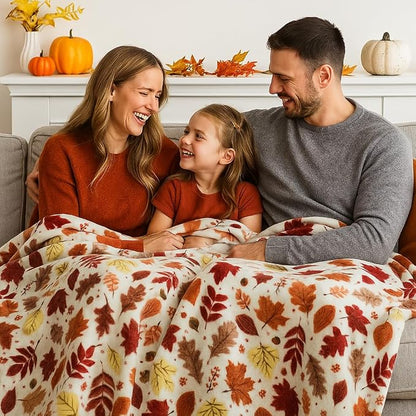 Fall Decor Throw Blanket: Soft Warm Autumn Leaves and Berries in Red Yellow Brown Beige Colors for Living Room Couch Bed Chair Dorm, Oversized 50" x 70" inches