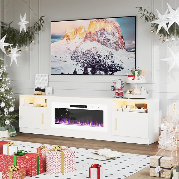 PRETZI Fireplace TV Stand with 36" Fireplace Up to 90" TVs, 80" Entertainment Center with LED Lights, Remote Control, TV Media Console with Storage Cabinets for Living Room, White+White