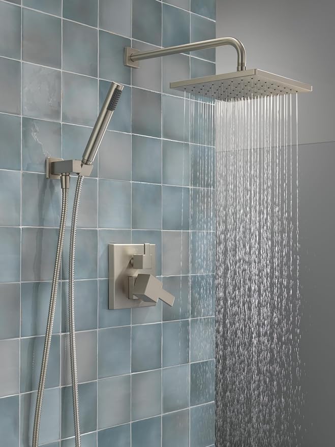 Delta Modern 14 Series Square Rain Shower System Faucet Set, Rainfall Brushed Nickel Shower Head and Handle Set, Valve Trim Kit, 10 Inch, Spotshield Stainless T342701-SP (Valve Not Included)