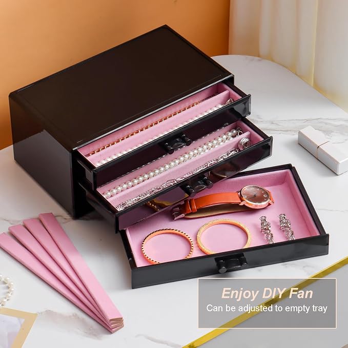 YUFONG Necklace Holder Organizer, Dustproof Necklace Box Velvet Necklace Organizer Box with Lid Clear Acrylic Dustproof Stackable Jewelry Displays for Necklaces Chain Display (Black Pink, 3 Drawer)