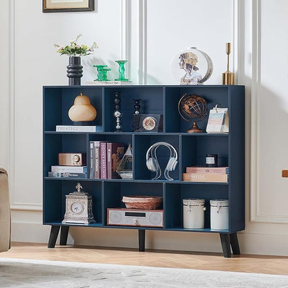 LEYAOYAO 10 Cube Bookshelf, 3 Tier Vintage 55" Wide Bookcase with Legs, Mid-Century Wood Bookshelves Storage, Dark Blue Large Book Case, Freestanding Organizer Display Shelf for Living Room, Office