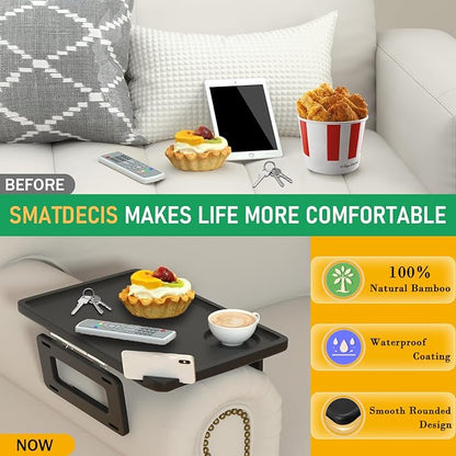 Smatdecis Couch Arm Tray Table Sofa Arm Clip Table, Armrest Tray Table Suitable for Home Drinks/Fast Food/Fruit Etc, Large Size Multi-Function Black