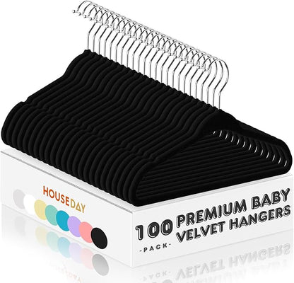 HOUSE DAY 11 Inch Velvet Baby Hangers 100 Pack Black, Premium Kids Hangers for Children, Infant & Toddler Clothes, Durable Non Slip Small Baby Felt Hanger for Closet, Ideal for Everyday Use