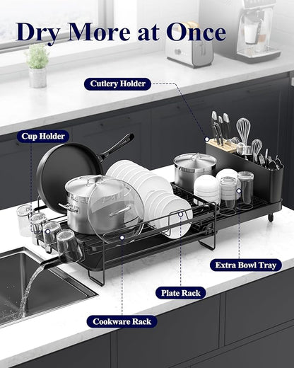 Kitsure Large Dish Drying Rack - Extendable Dish Rack, Multifunctional Dish Rack for Kitchen Counter, Anti-Rust Dish Drainers with Cutlery & Cup Holders 19.2"-26.7" L x 12.9" W, Black