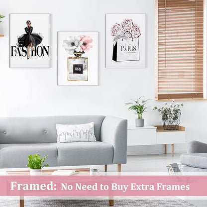 CoziTech Framed Fashion Women Canvas Wall Art for Girls Bedroom Decor, Flower Modern Pink Wall Art , Perfume Handbag Prints Wall Pictures Dorm Decor, Gift for Woman Gift for Girls. Set of 3. 12x16 in – (Ready to Hang)