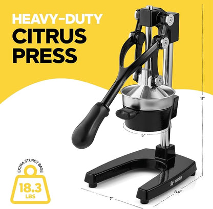 Eurolux Ultra-Premium Cast Iron Juicer | Extra-Large, Heavy Duty, Commercial Grade, Stainless Steel Manual Hand Press Citrus Squeezer For Fresh Orange Juice, Pomegranate, Lemon, and Much More (Black)