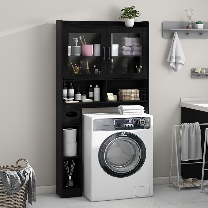Vabches Over-The-Toilet Storage Cabinet, Farmhouse Style with 2 Acrylic Waves Doors, Space-Saving Home Storage Rack for Restroom, Bathroom and Laundry Room.Black.