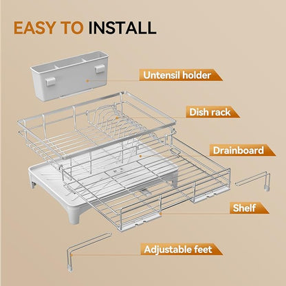 Dish Drying Rack, 304 Stainless Steel Expandable Dish Drainer for Kitchen Counter, Space-Saving with Utensil Holder, Gray