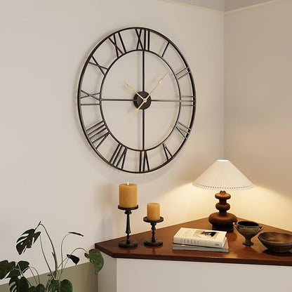 30 Inch Large Wall Clock, Modern Decorative Wall Clocks Silent Non Ticking Battery-Operated, Black Metal Round Clock for Living Room Kitchen Office Mantel - Roman Number