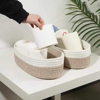 Temary 2PC Small Storage Bins Basket, 13x5.9x3.9 inch Woven Storage Basket with Handles for Storage Toilet Paper Rolls, Narrow Storage Baskets for Entryway, Closets, Shelves (Brown)