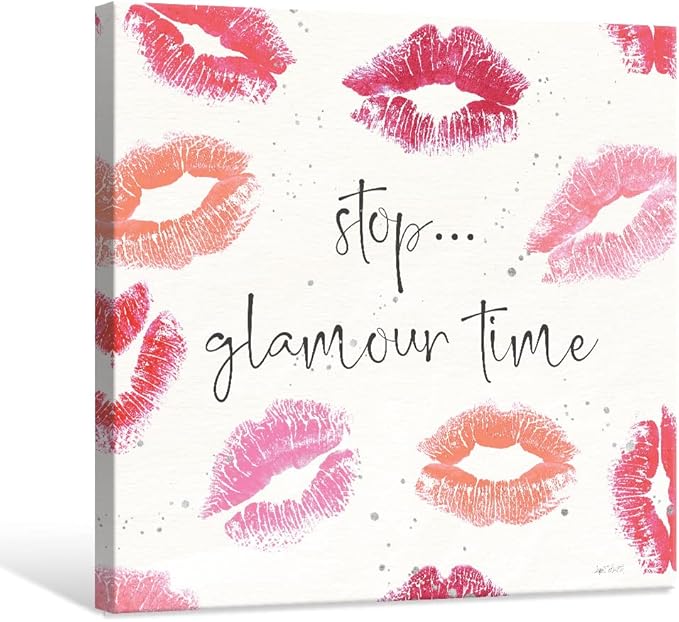 Pink Preppy Wall Decor Red Lip Canvas Wall Art Sexy Lips Painting Inspirational Quote Wall Art Kiss Posters for Bedroom Bathroom Makeup Room Decor 12x12Inch