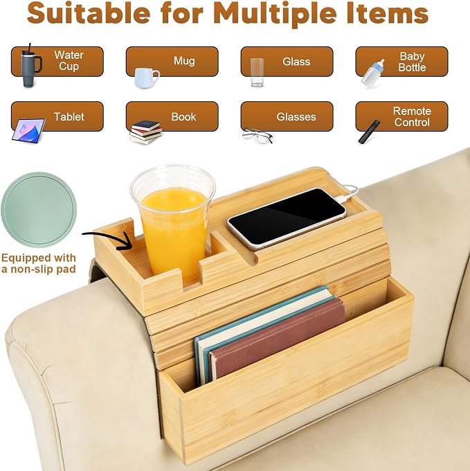 Bamboo Foldable Sofa Armrest Tray with Storage, Anti-Slip Cup Holder & Coaster, Splash-Proof Remote Caddy for Snacks and Phones.Fits 4-6 Inch Flat and Mini Curved Sofa Armrest for Home Living Room