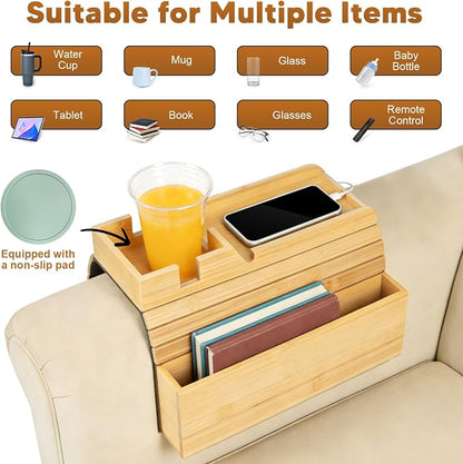 Bamboo Foldable Sofa Armrest Tray with Storage, Anti-Slip Cup Holder & Coaster, Splash-Proof Remote Caddy for Snacks and Phones.Fits 4-6 Inch Flat and Mini Curved Sofa Armrest for Home Living Room