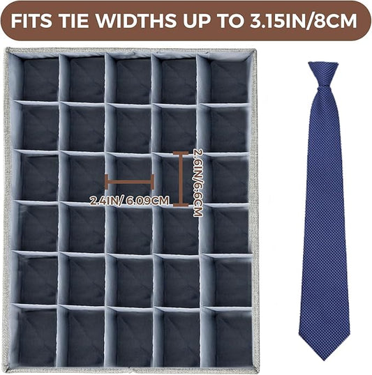 PINGMIC Gray Sock Organizer Divider 2 Pack with Lid - 30 Cell Foldable Closet Storage, Tie Organizer For Men Boxes for Socks, Ties, Belts