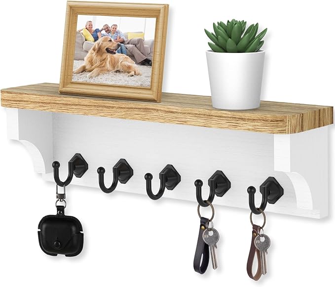 Nekon Key Holder for Wall, 11.8" W x 3.5" H x 2.8" D Decorative Key Organizer with Floating Shelf, Wall Mount Key Rack with 5 Hooks (Wood)