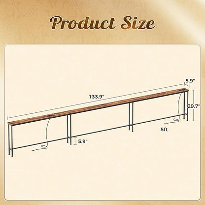 Huuger 133.9 Inch Sofa Table with Power Outlets and USB-C Ports, 5.9 Inch Narrow Entryway Table, Behind Couch Table with Storage, Extra-Long Console Table, Living Room, Rusitc Brown