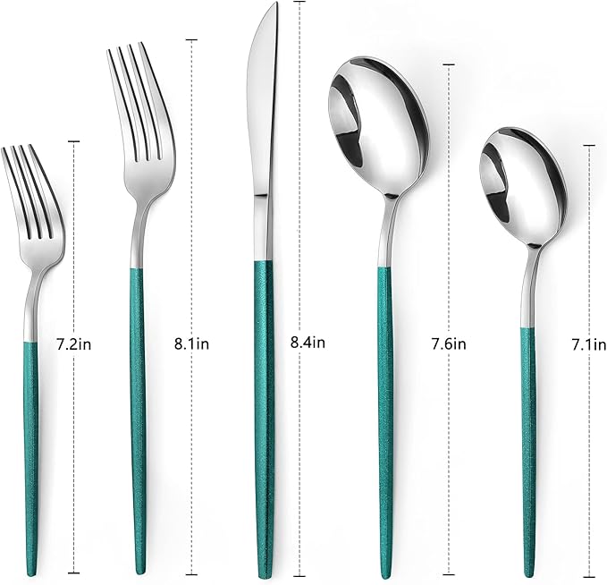 VANVRO Mirror Silver Green Silverware Set, 20-Piece Stainless Steel Flatware Set, Satin Finish tableware Cutlery Set, Service for 4, Home and Restaurant, Dishwasher Safe