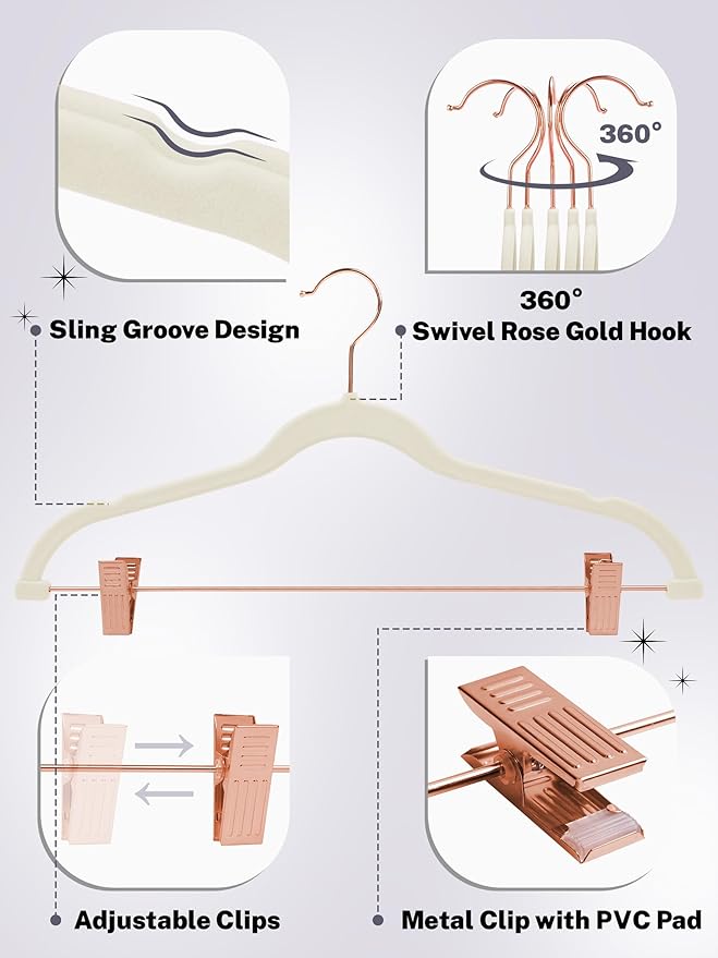 HOUSE DAY Velvet Skirt Hangers 24 Pack, Non Slip Pants Hangers with Rose Gold Clips, Slim Hanger with Clips, Velvet Clip Hanger for Jeans, Trouser, Dresses, Coats (Ivory)