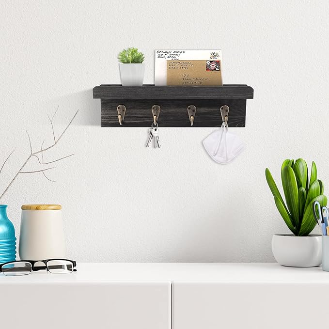 Rustic Key Holder for Wall, Farmhouse Wall Shelf with 4 Hooks, Wall Mounted Key Racks, Wooden Mail Organizer with Hooks for Entryway (Black - Pine)