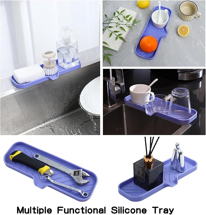 MicoYang Silicone Soap Dish with Drain Spout — Self-Draining Double Sink Organizer Tray for Kitchen & Bath, Dispensers, Sponges & Soap Holder, Non-Slip & Dishwasher Safe, Light Purple (Large, 12"×4")