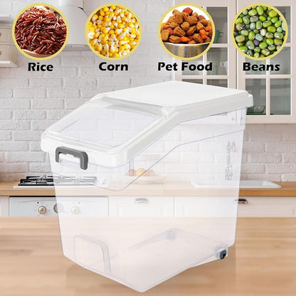 Sunnyray 4 Pcs Rice Storage Container 38 lb Flour Container with Wheels Measuring Cup Clear Pet Food Bin Dog Birds Cat Food Bin Grain Cereal Organizer Box for Dry Baking Supplies(White Lid)