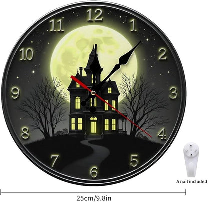 Wall Clock, Spooky Haunted House Non Ticking Wall Clocks Battery Operated, Black Wooden Wall Clocks for Living Room, Kitchen, Bedroom Decorative 10 Inch