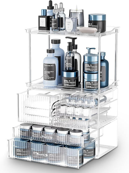 Acina Bathroom Countertop Organizers and Storage: 2-Tier 6-Drawer Makeup Organizer Countertop, Easy to Install, Ideal for Bathroom Storage, Vanity, Perfume, Large Skincare Items, Present, Clear