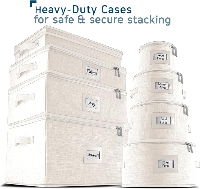 Wine Glass Storage Box with Dividers, 2 Pack Stackable Stemware Storage Cases, Service of 24 Glassware Storage Containers, Quilted China Storage Containers for Moving and Seasonal Storage, Cream