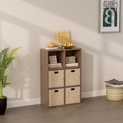 6-Cube Storage Shelf Bookcase - Wooden 3-Tier Floor Standing Open Bookshelf for Home and Office, Cuby Orgainzer, Walnut