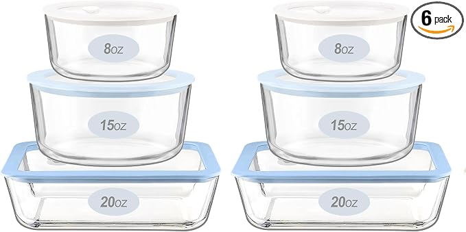 Urban Green Glass Food Container Set with Silicone Glass Lid, Square & Round Shape, 6 Pack, Airtight, LeakProof, 100% Plastic Free, Meal Prep Food Storage Containers, Blue & White Color