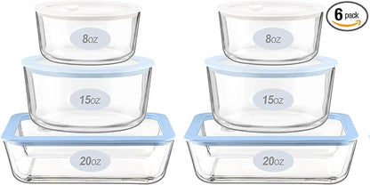 Urban Green Glass Food Container Set with Silicone Glass Lid, Square & Round Shape, 6 Pack, Airtight, LeakProof, 100% Plastic Free, Meal Prep Food Storage Containers, Blue & White Color