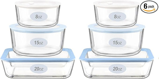 Urban Green Glass Food Container Set with Silicone Glass Lid, Square & Round Shape, 6 Pack, Airtight, LeakProof, 100% Plastic Free, Meal Prep Food Storage Containers, Blue & White Color